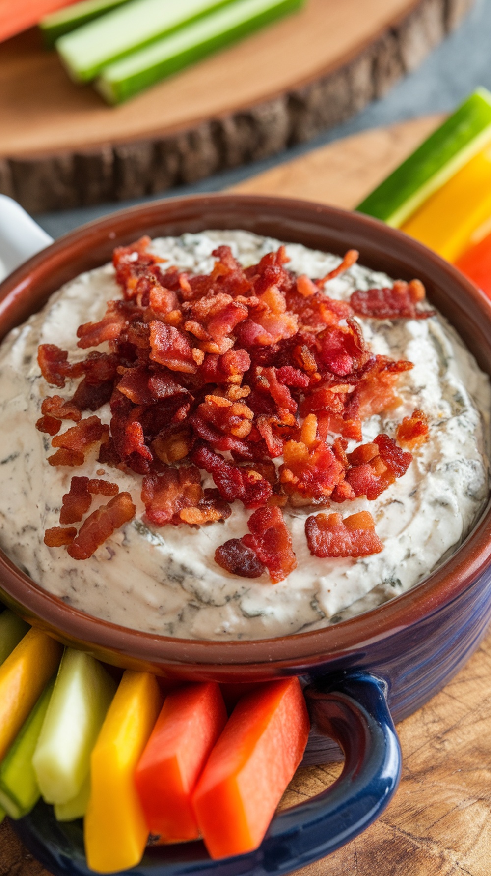 A bowl of Bacon Ranch Fried Pickle Dip topped with bacon bits, surrounded by colorful vegetable sticks.