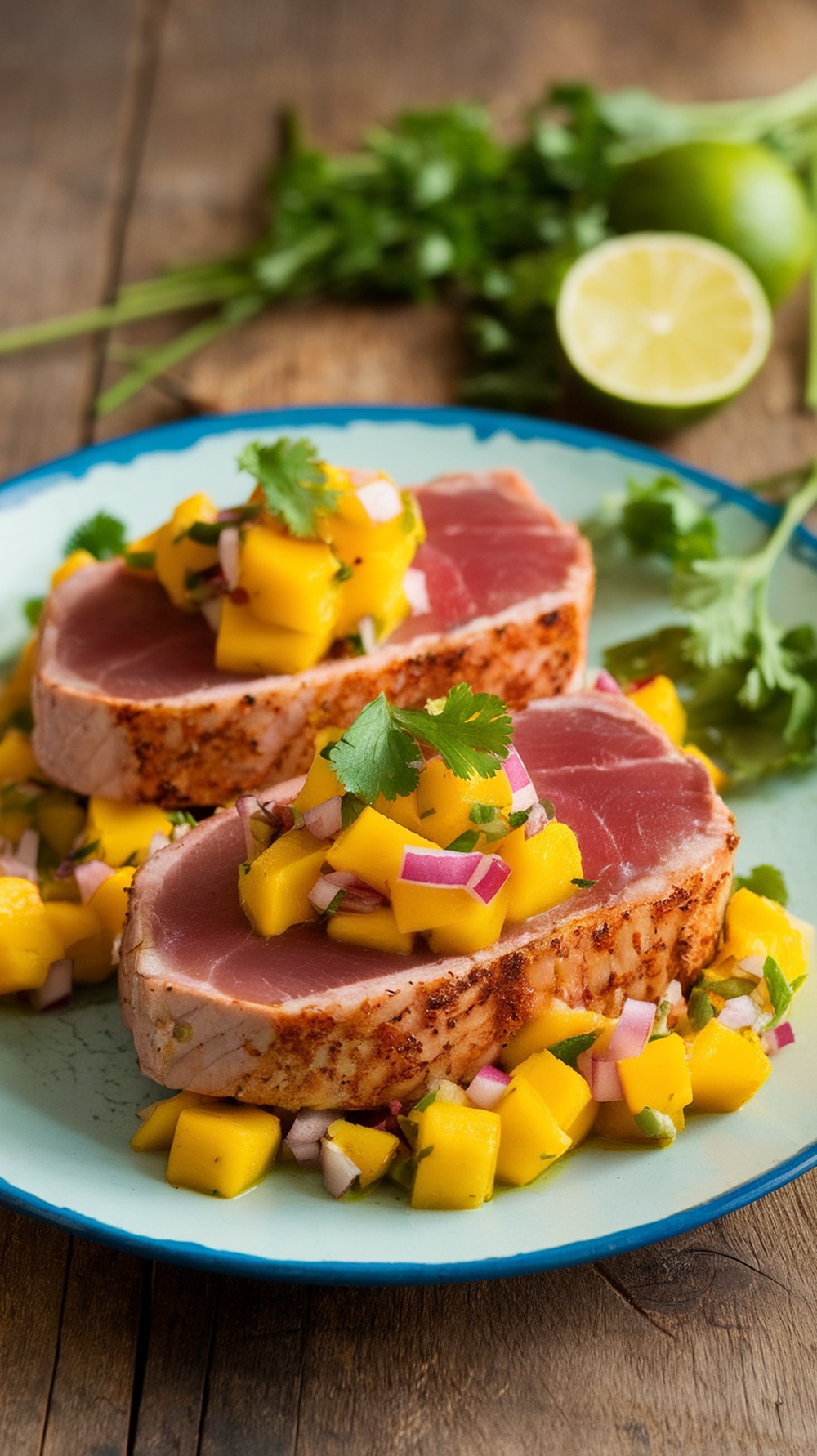 Zesty Seared Tuna with Mango Salsa Recipe Seared tuna steaks topped with mango salsa, served on a rustic table with lime and herbs.