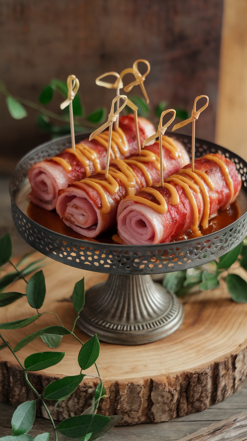 Sweet and sour ham roll ups on a decorative stand