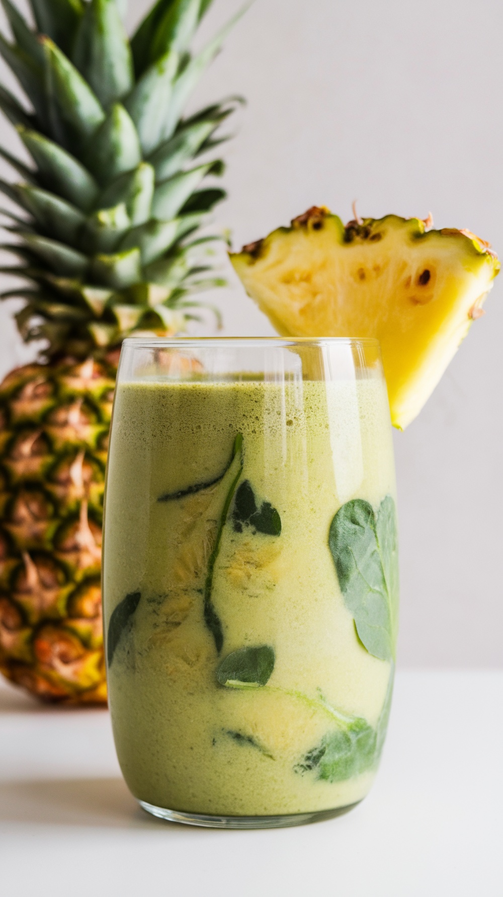 A refreshing Pineapple Spinach Detox Smoothie in a glass with a slice of pineapple on the rim, with a whole pineapple in the background.