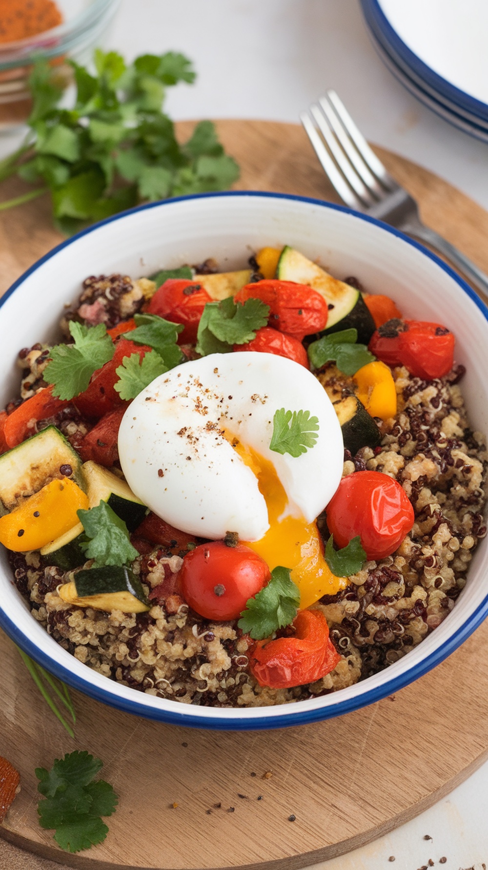 A colorful quinoa and veggie breakfast bowl with a poached egg on top, garnished with cilantro.