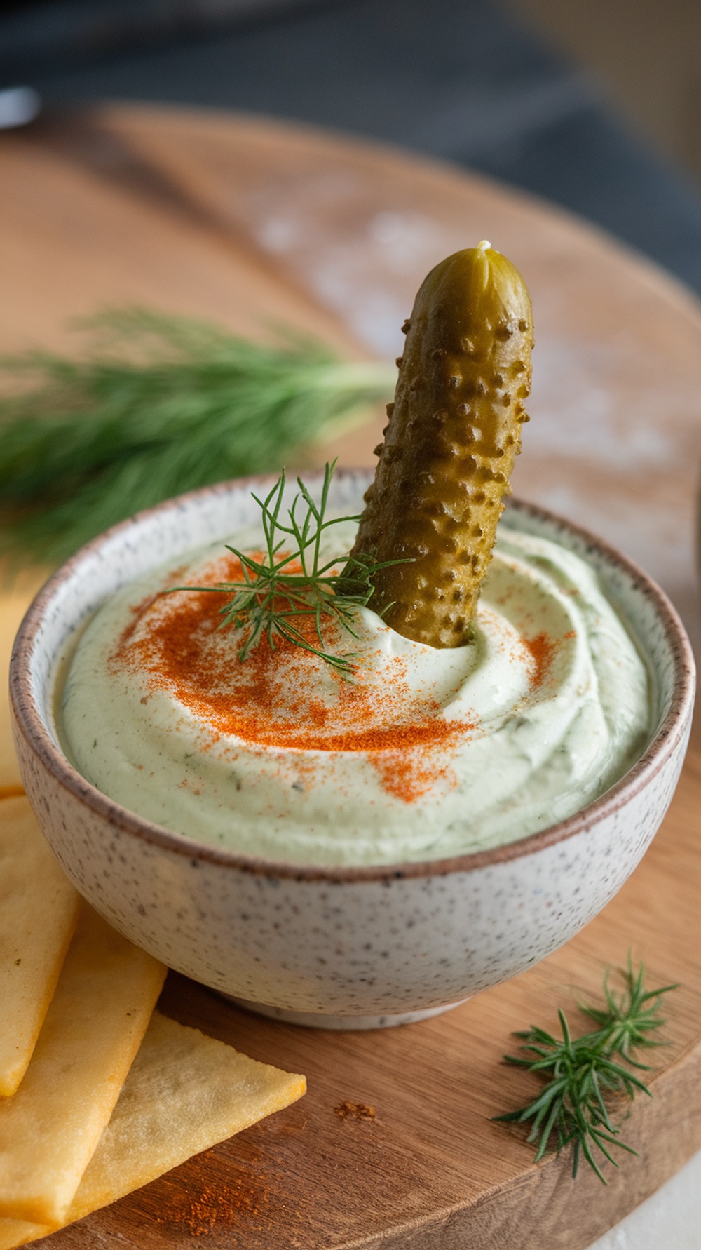 A bowl of dill pickle Greek yogurt dip with a dill pickle on top, surrounded by chips.