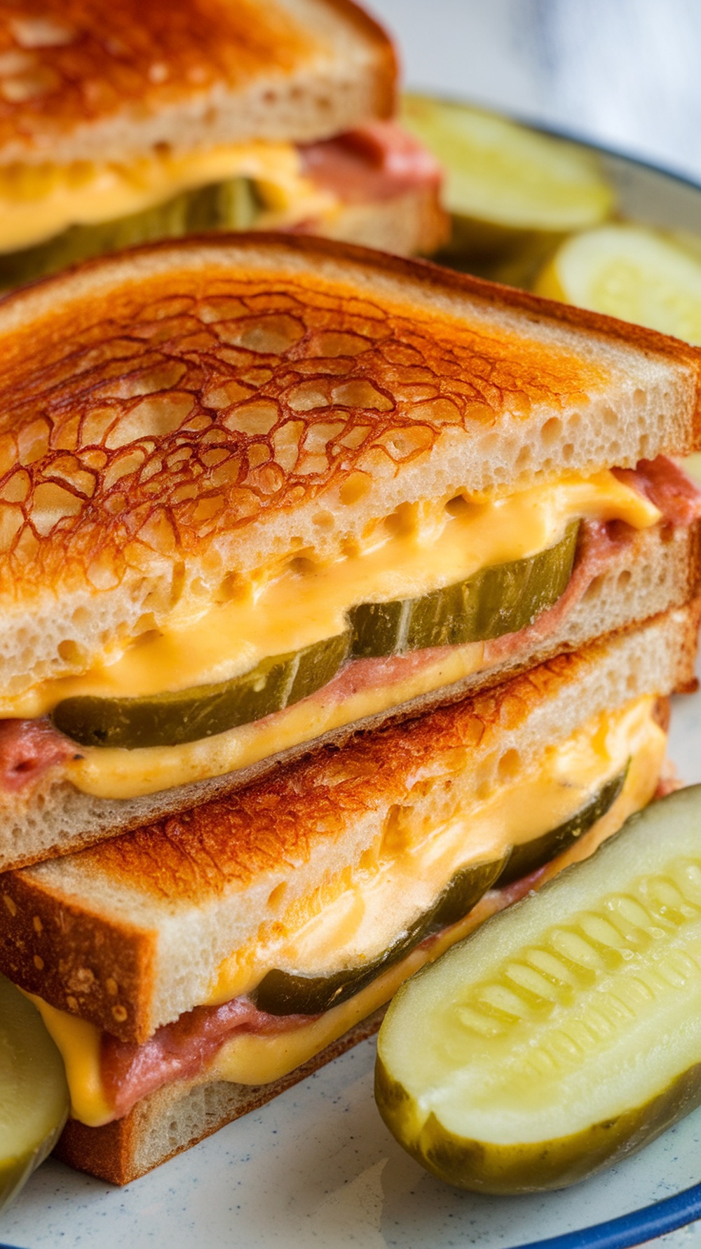A close-up of a spicy pickle and pimento cheese melt sandwich, showcasing its crispy golden bread and gooey cheese with pickles.
