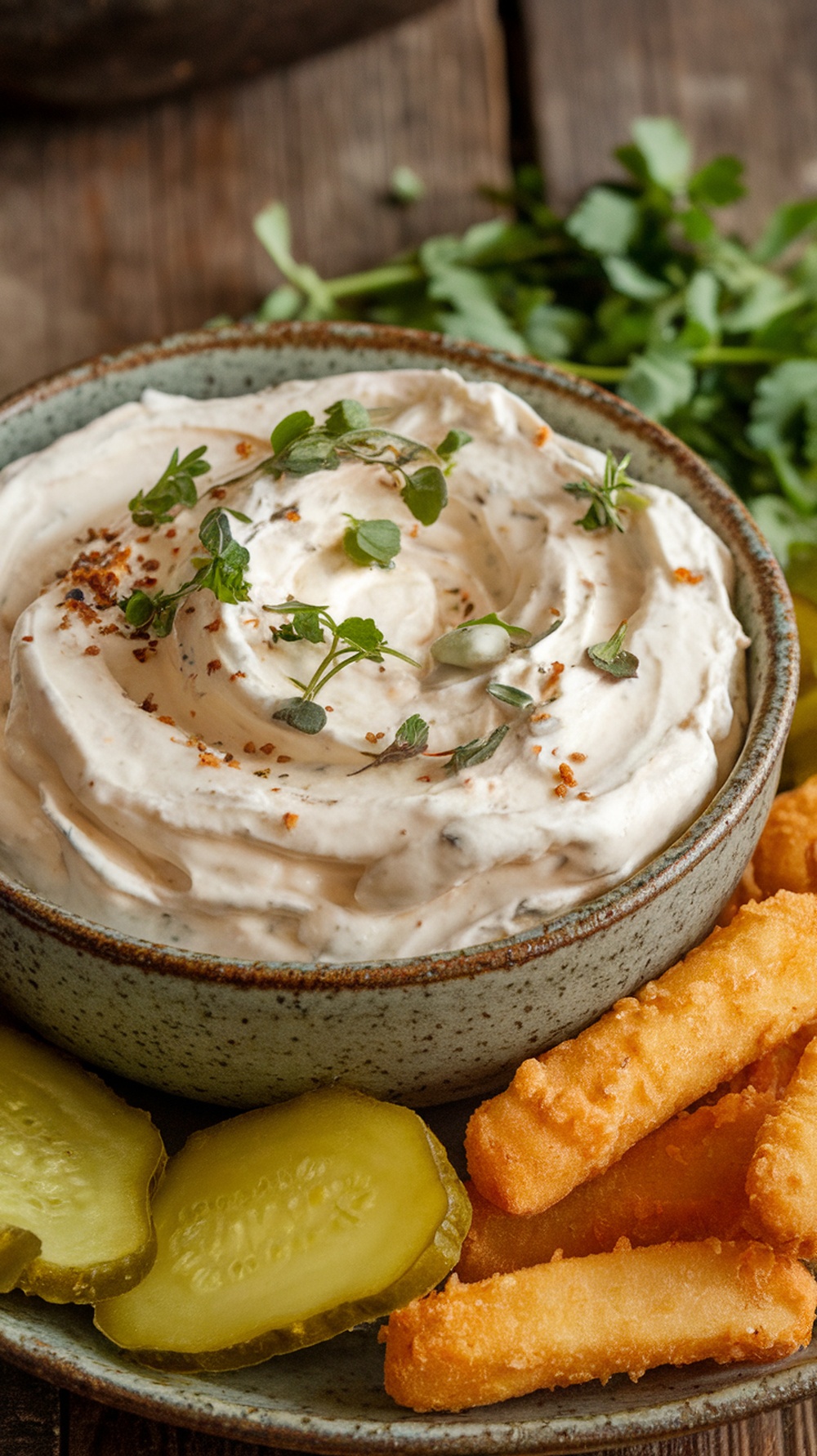 A bowl of creamy fried pickle dip garnished with herbs, surrounded by fried pickle spears and dill pickle slices.