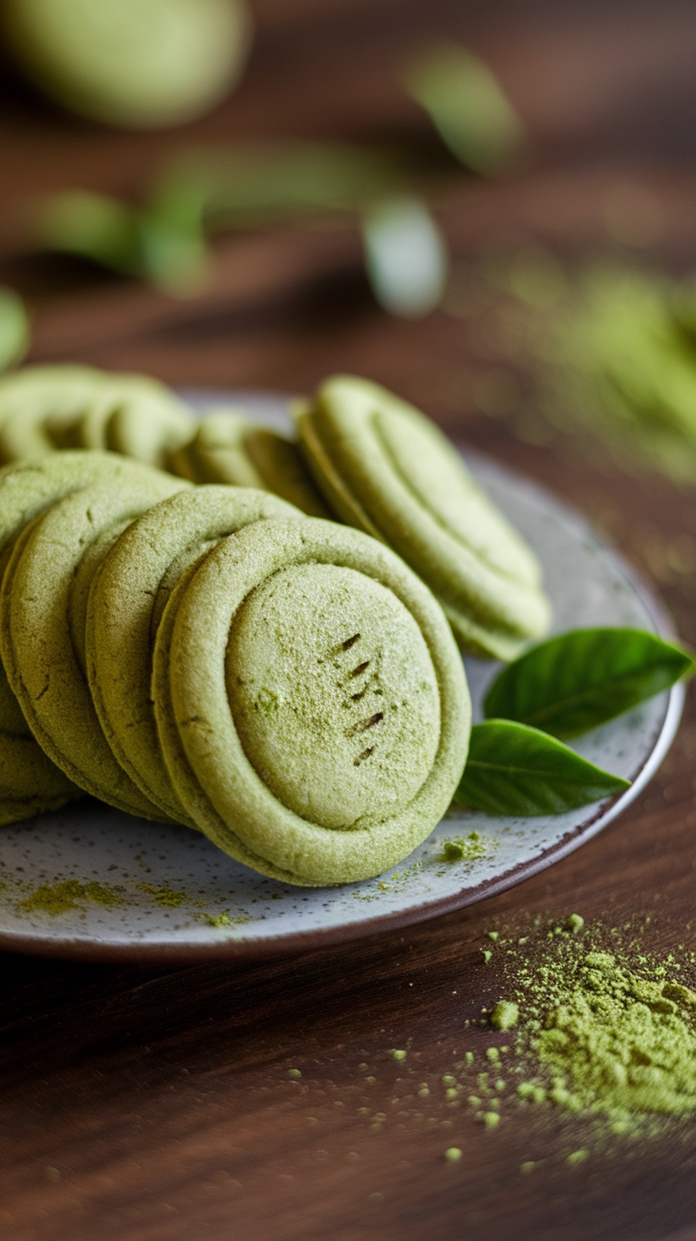 A plate of matcha green tea cookies with a vibrant green color, surrounded by matcha powder and tea leaves.