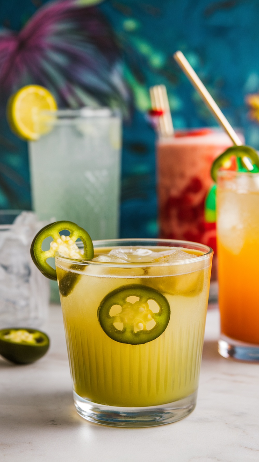 A Spicy Pickle Martini garnished with jalapeño slices, set against a colorful background.