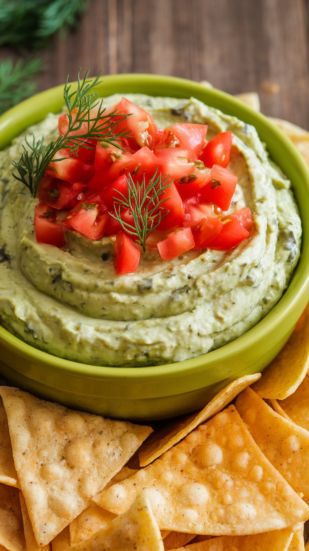 A green bowl filled with zesty dill pickle avocado dip, topped with diced tomatoes and fresh dill, surrounded by crispy tortilla chips.