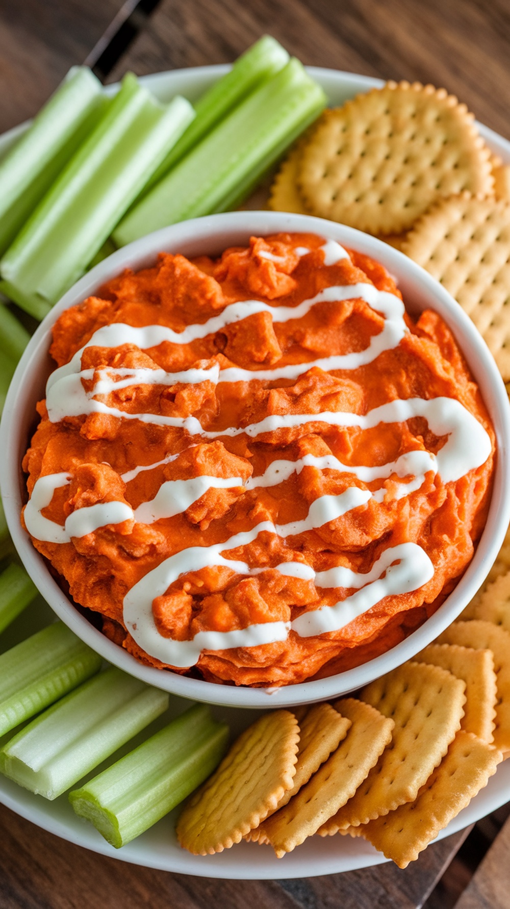 A bowl of Buffalo Fried Pickle Dip drizzled with ranch dressing, surrounded by celery sticks and crackers.