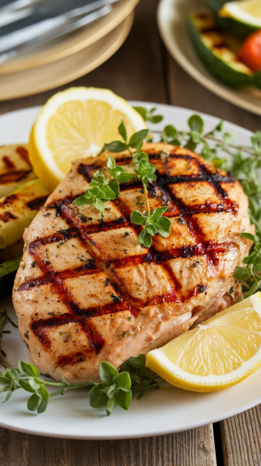 Tender Grilled Lemon Herb Chicken Recipe Grilled lemon herb chicken breast garnished with herbs and lemon slices on a plate with grilled vegetables.