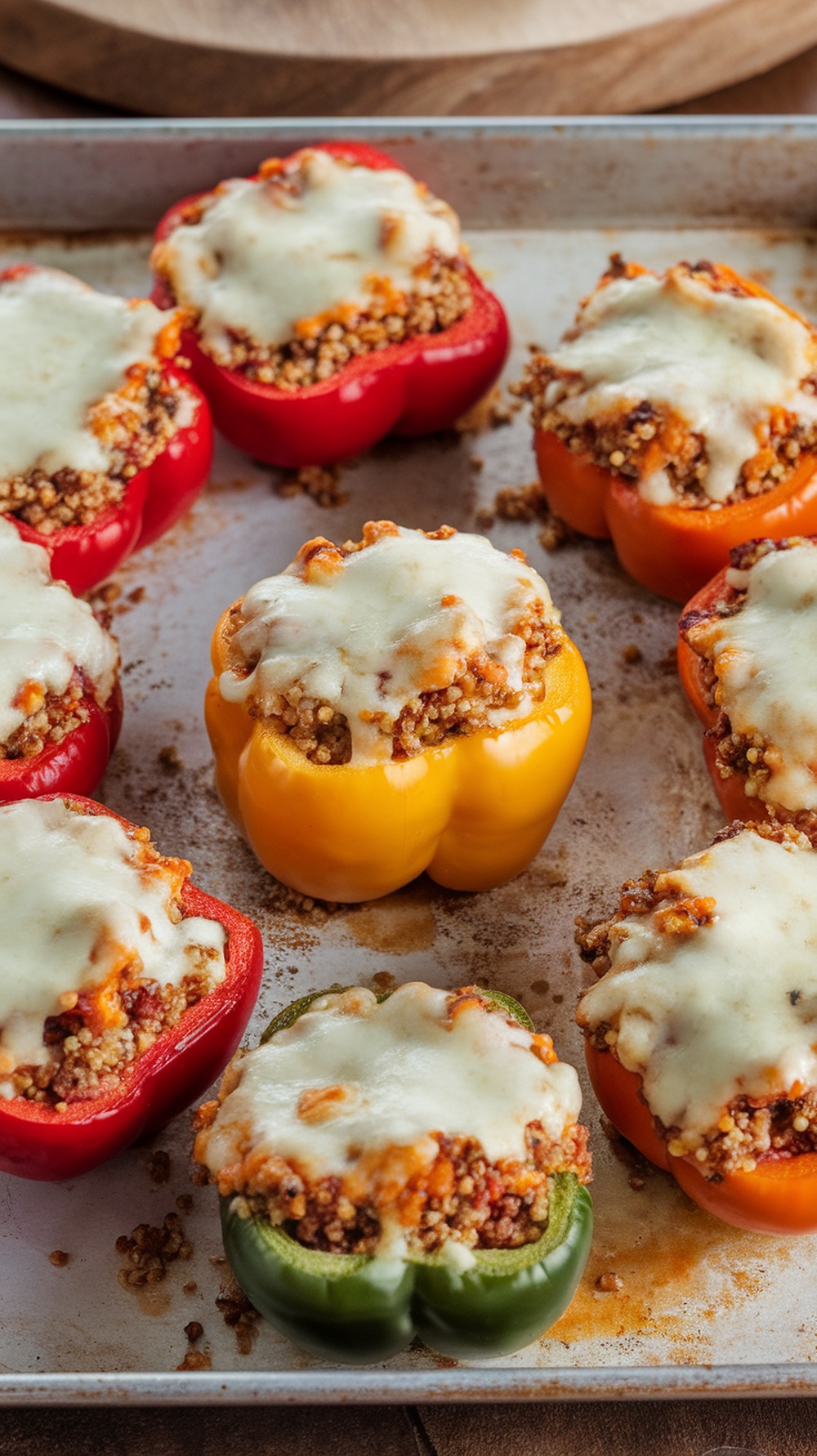 Colorful stuffed bell peppers filled with ground turkey and topped with melted cheese on a baking sheet.