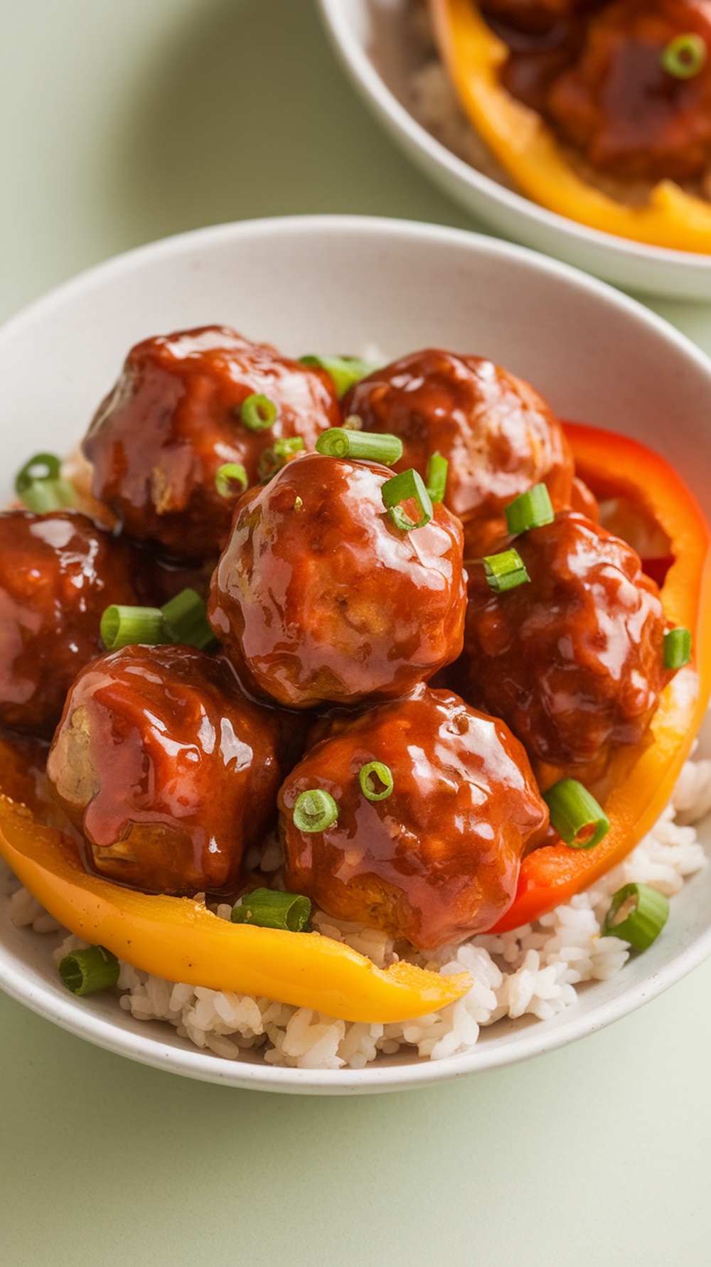 A bowl of sweet and sour meatballs served over rice with bell peppers and green onions.
