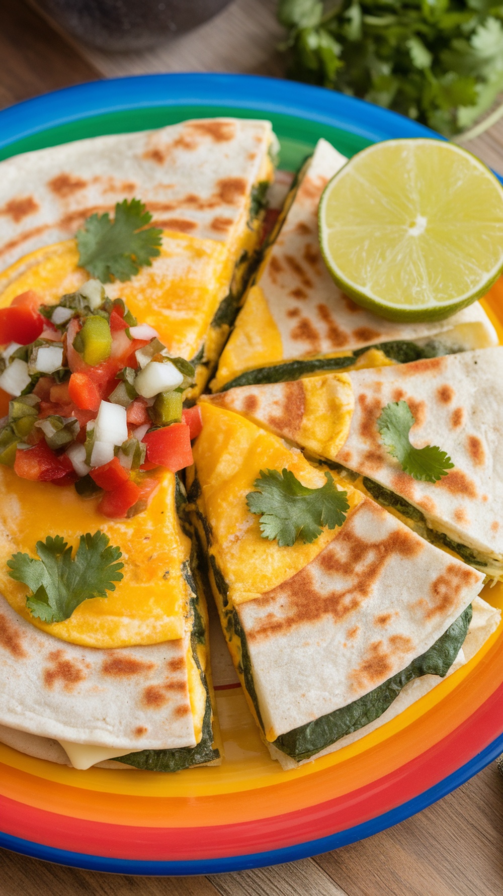 Delicious egg and spinach breakfast quesadilla served with salsa and lime on a colorful plate.