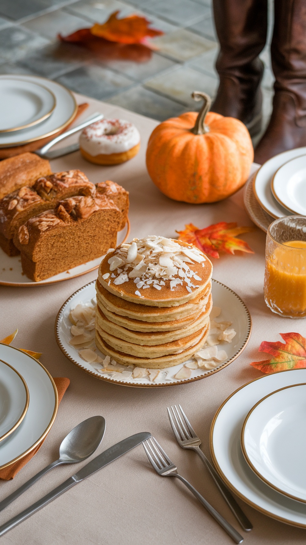 A plate of coconut almond protein pancakes topped with shredded coconut and sliced almonds, with a glass of orange juice and a cup of coffee on the side.
