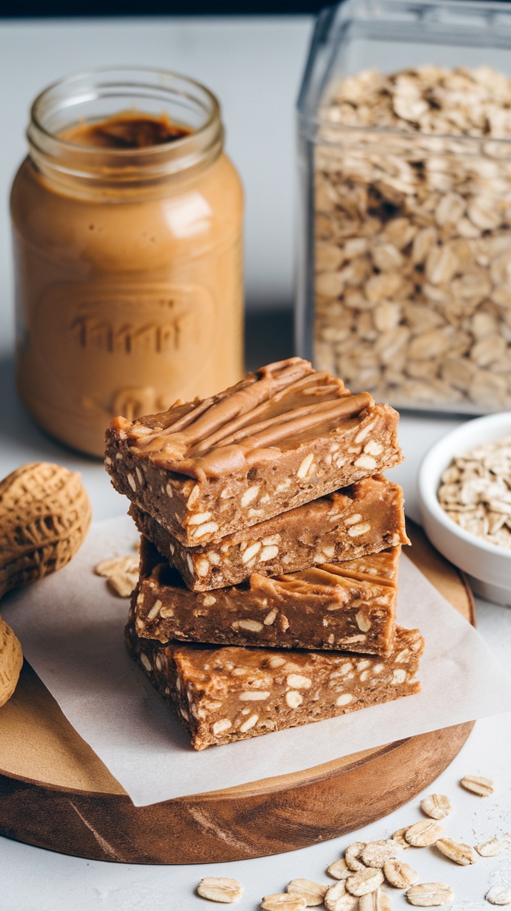 Homemade peanut butter oatmeal energy bars stacked on a wooden board with peanut butter and oats in the background.