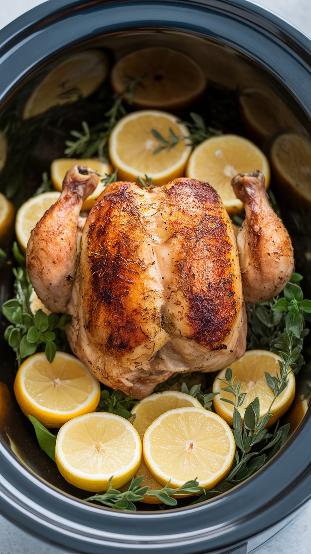 A beautifully roasted chicken surrounded by lemon slices and fresh herbs in a slow cooker.