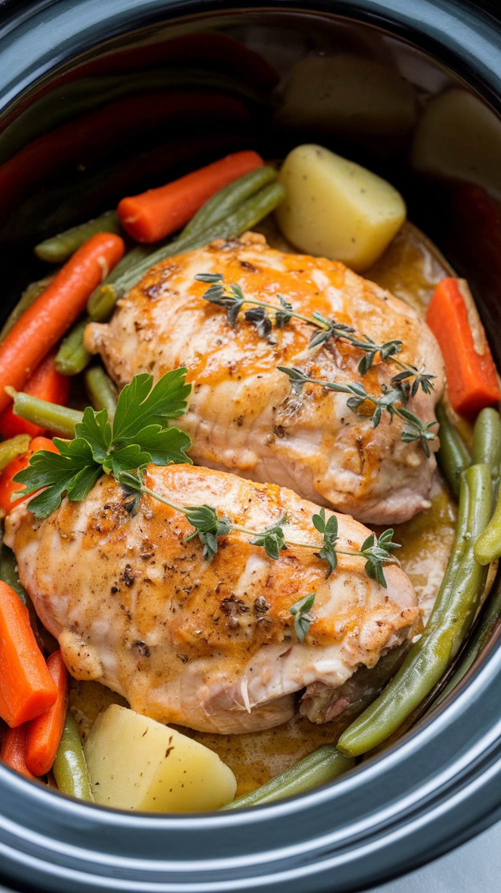 Creamy Garlic Butter Chicken with vegetables in a slow cooker