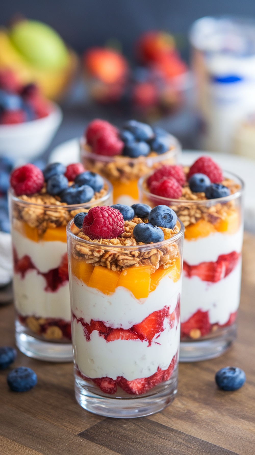 Colorful fruit and yogurt parfaits in clear glasses with layers of yogurt, fruits, and granola.