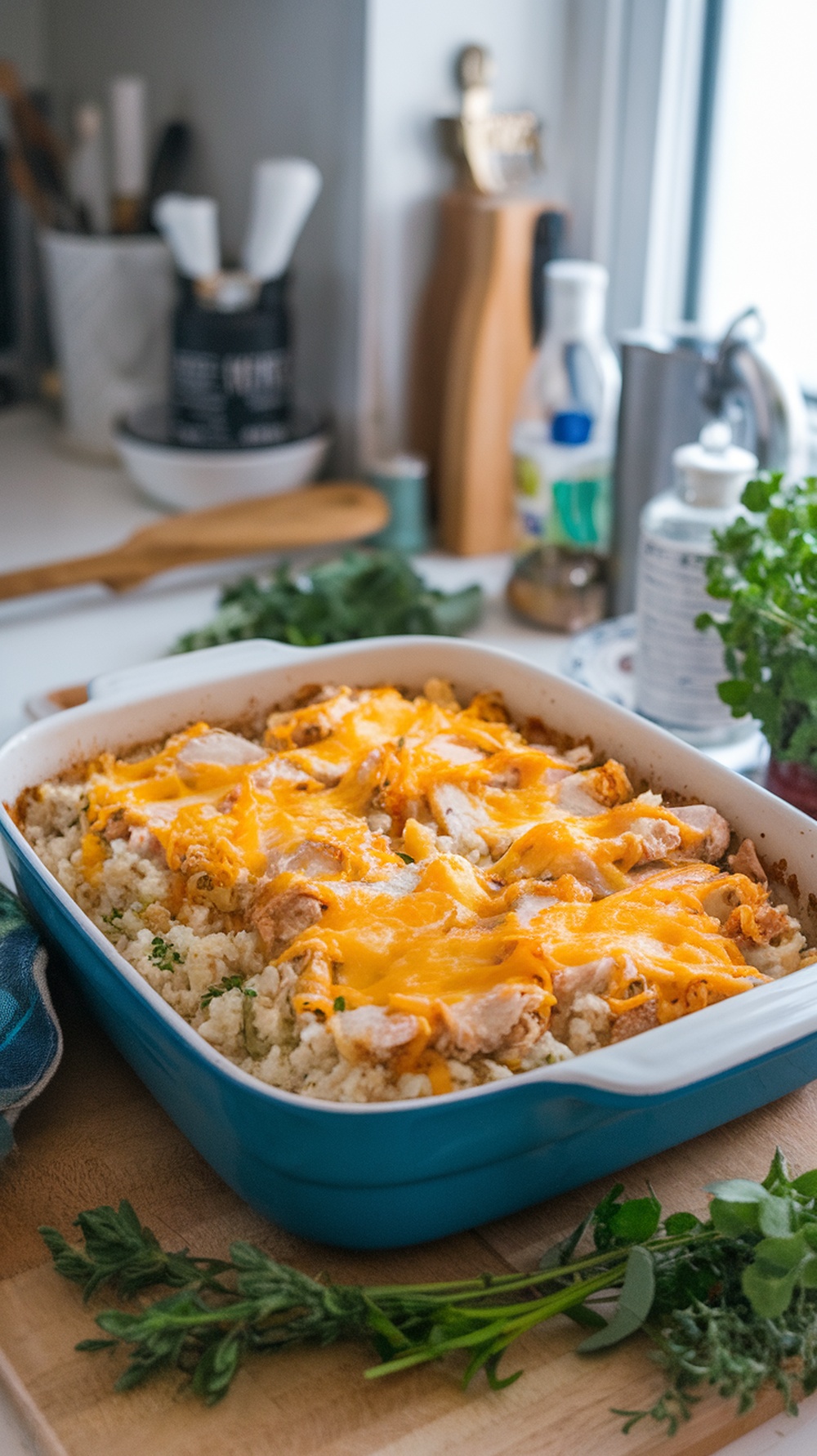 A delicious turkey and cauliflower rice casserole topped with melted cheese.