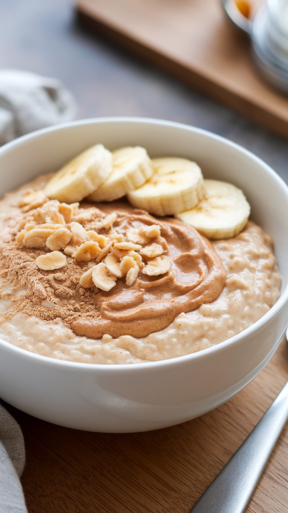 A bowl of peanut butter banana protein oats topped with banana slices, peanut butter, and oats.