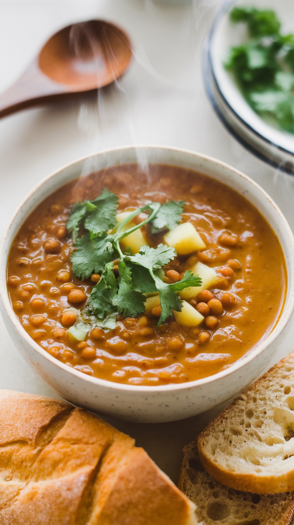 A bowl of curried apple and lentil soup garnished with cilantro, next to slices of bread.