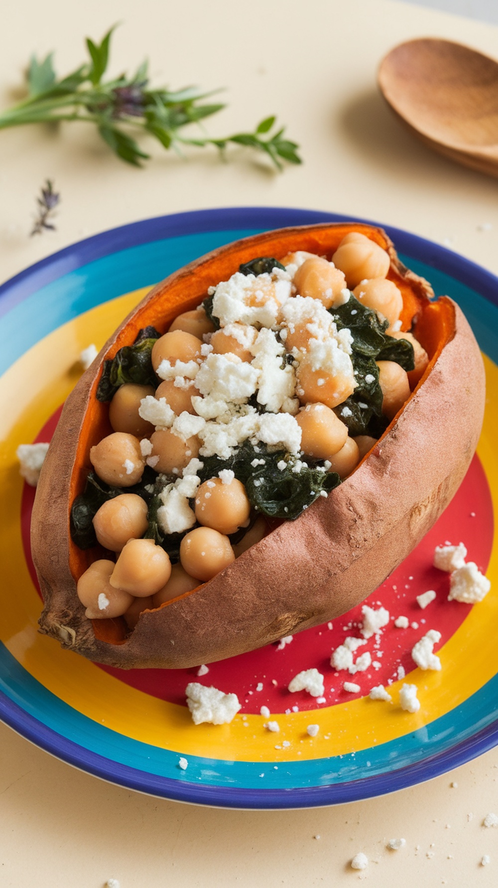 Baked sweet potato filled with chickpeas and spinach, topped with feta cheese on a colorful plate.