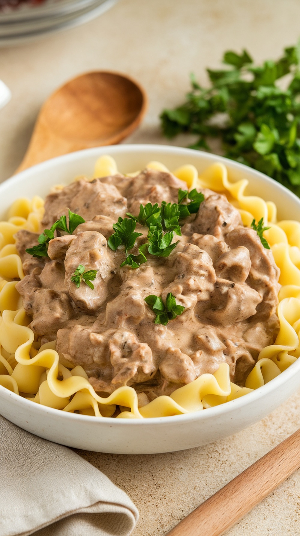 A bowl of beef stroganoff served over egg noodles, garnished with parsley.