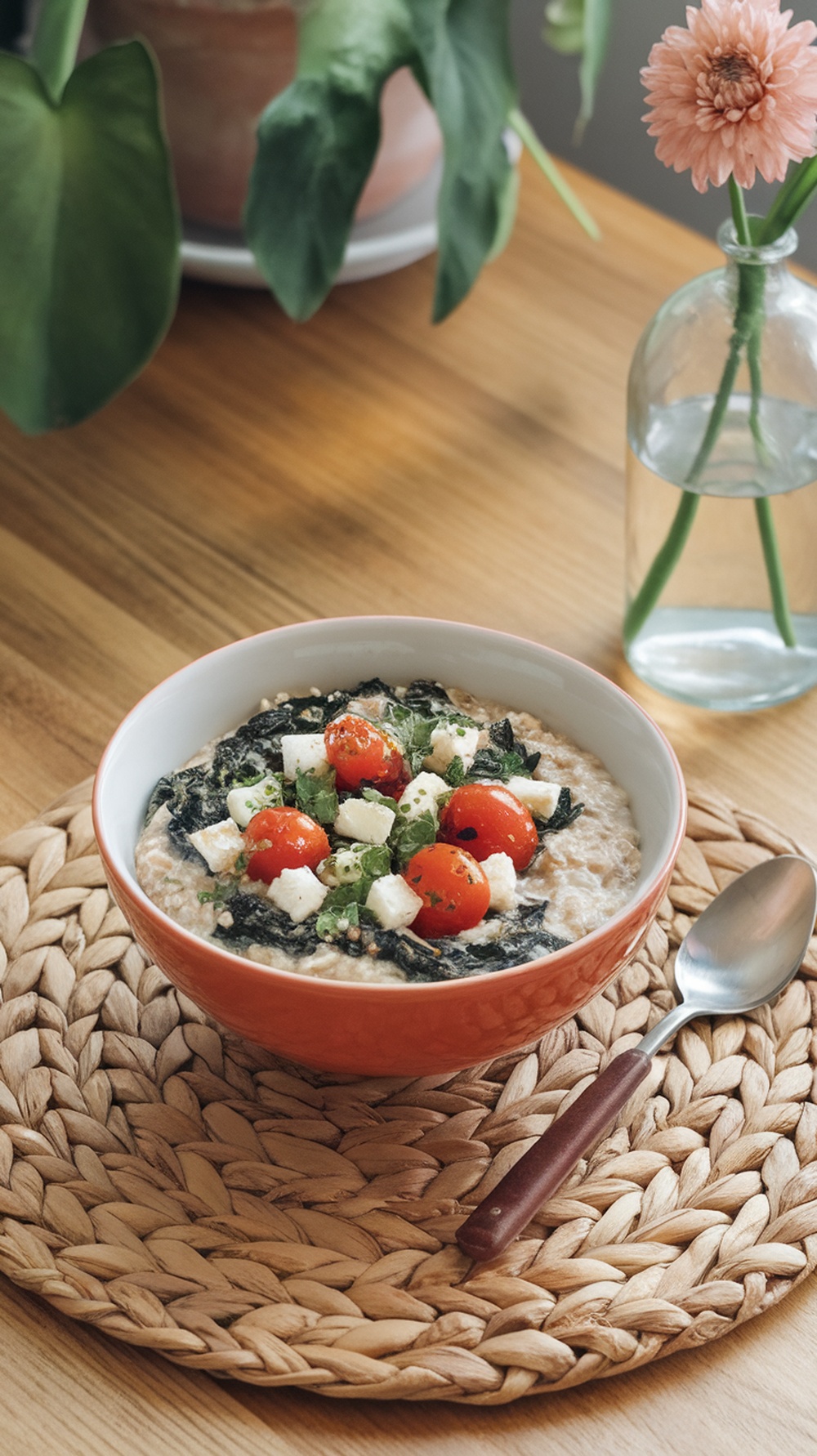 A bowl of savory spinach and feta overnight oats topped with cherry tomatoes and herbs.