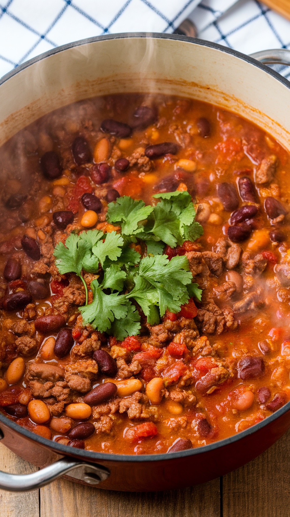 A pot of classic beef chili with ground beef, beans, and fresh cilantro on top.