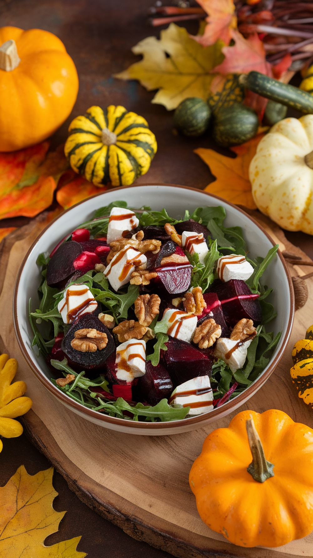 A vibrant roasted beet and goat cheese salad with arugula, walnuts, and balsamic glaze, surrounded by autumn-themed decorations.