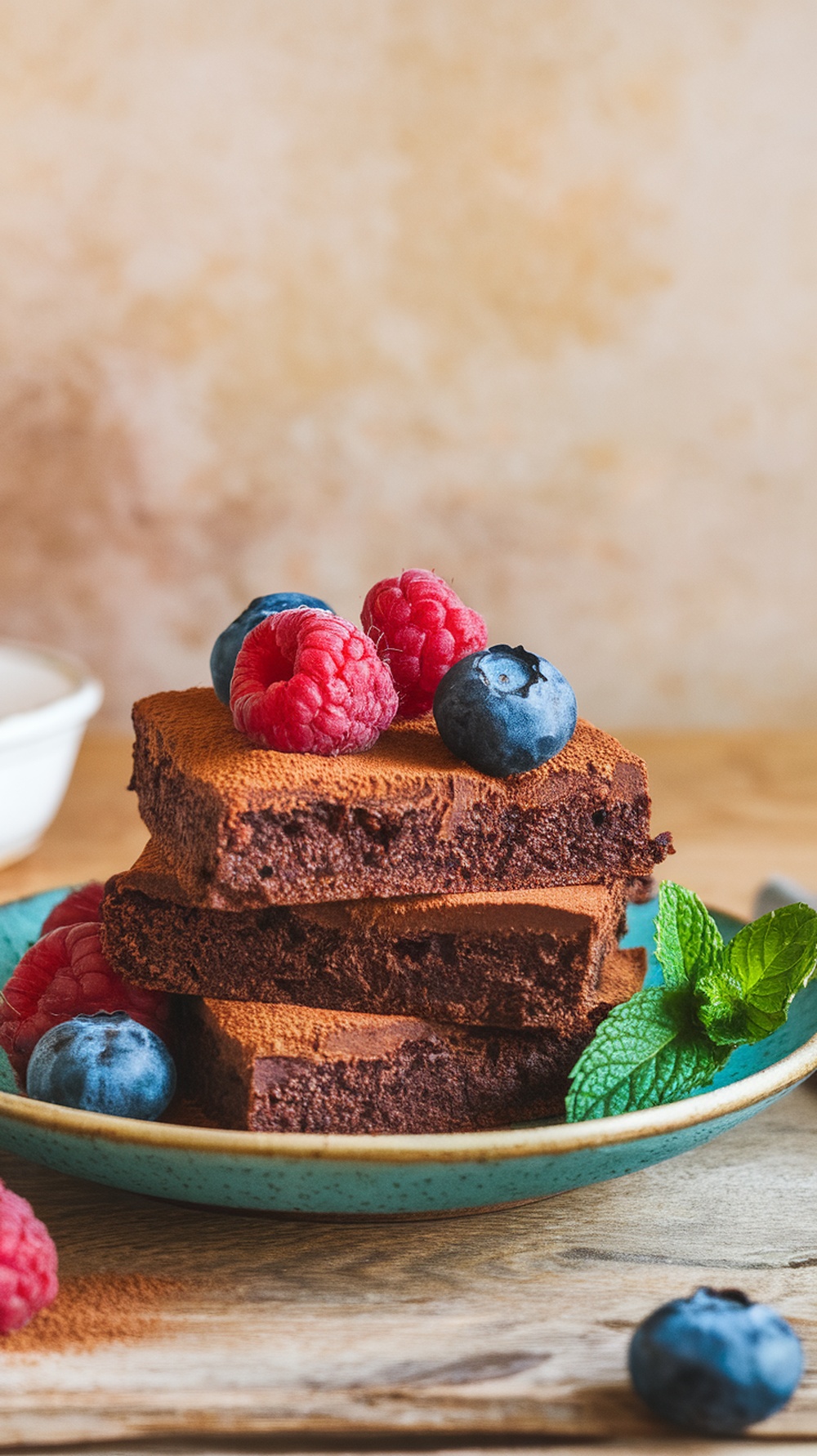 Chocolate chickpea brownies topped with raspberries and blueberries on a plate.