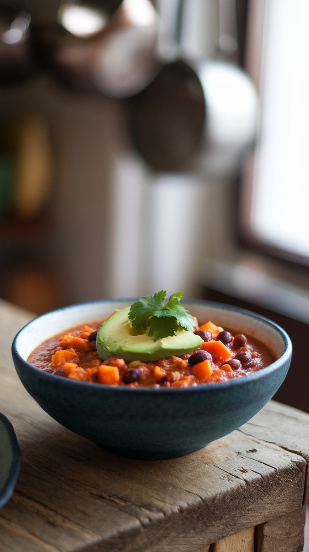 A bowl of spiced sweet potato and black bean chili topped with avocado and cilantro.