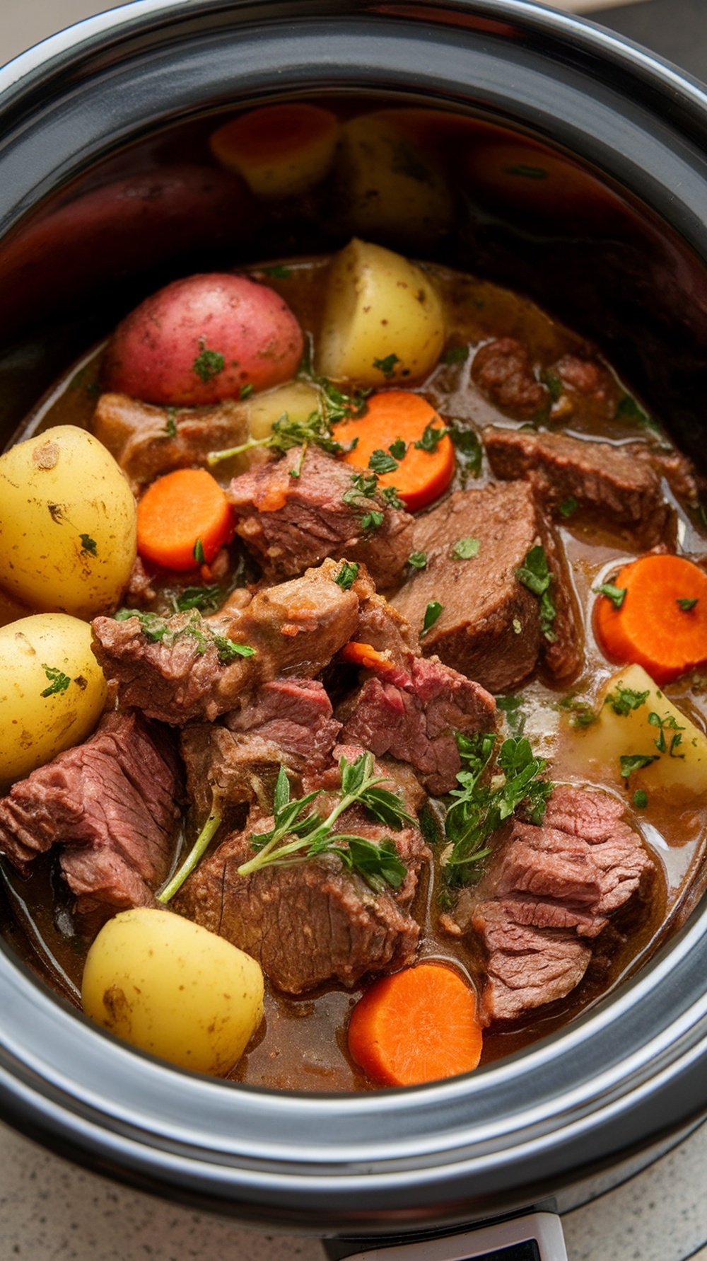 A delicious beef stew with root vegetables in a slow cooker.