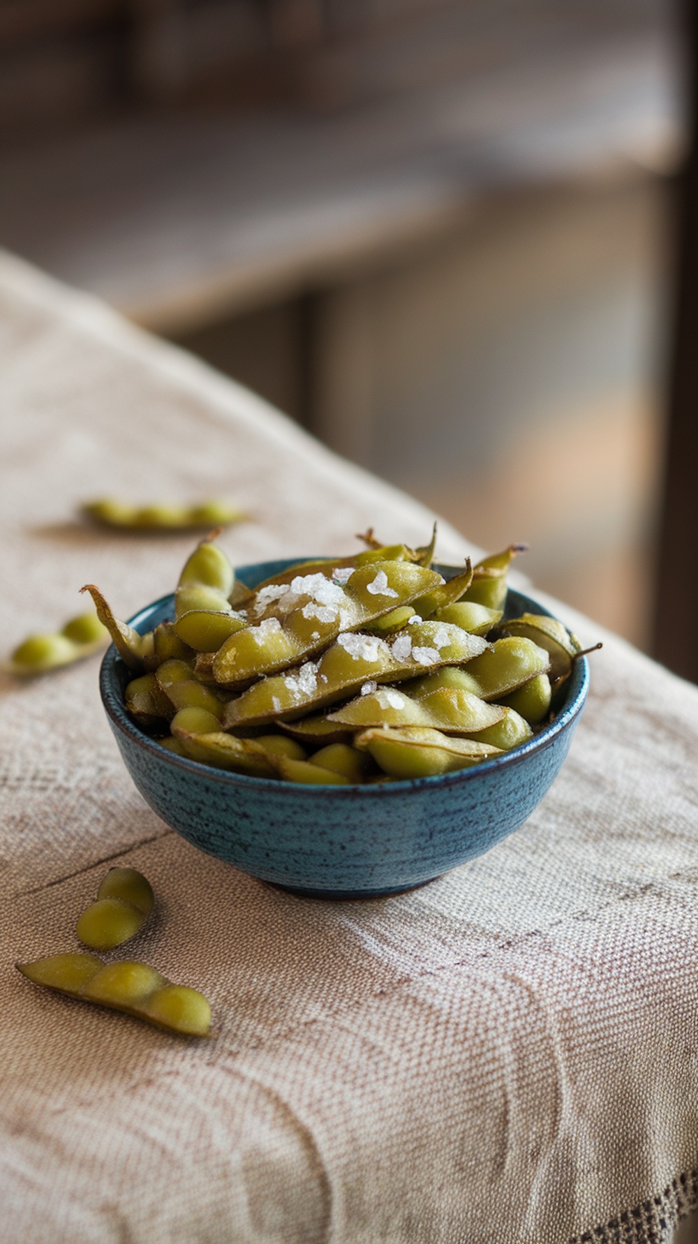 A bowl of roasted edamame sprinkled with sea salt on a table.