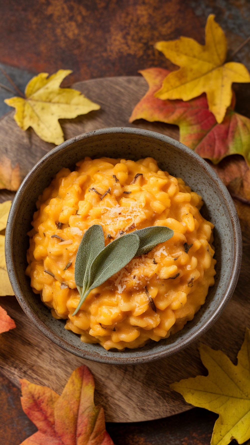 A bowl of butternut squash and sage risotto garnished with sage leaves, surrounded by autumn leaves.