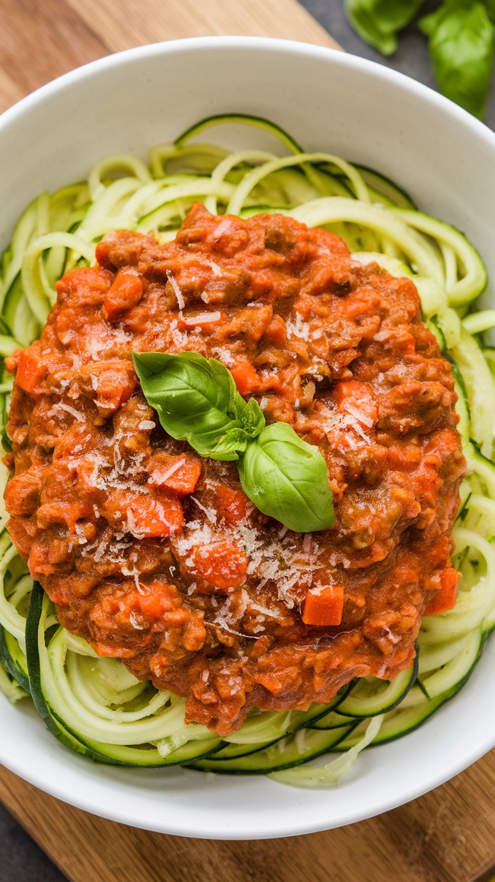 A bowl of zucchini noodles topped with turkey bolognese sauce and fresh basil.
