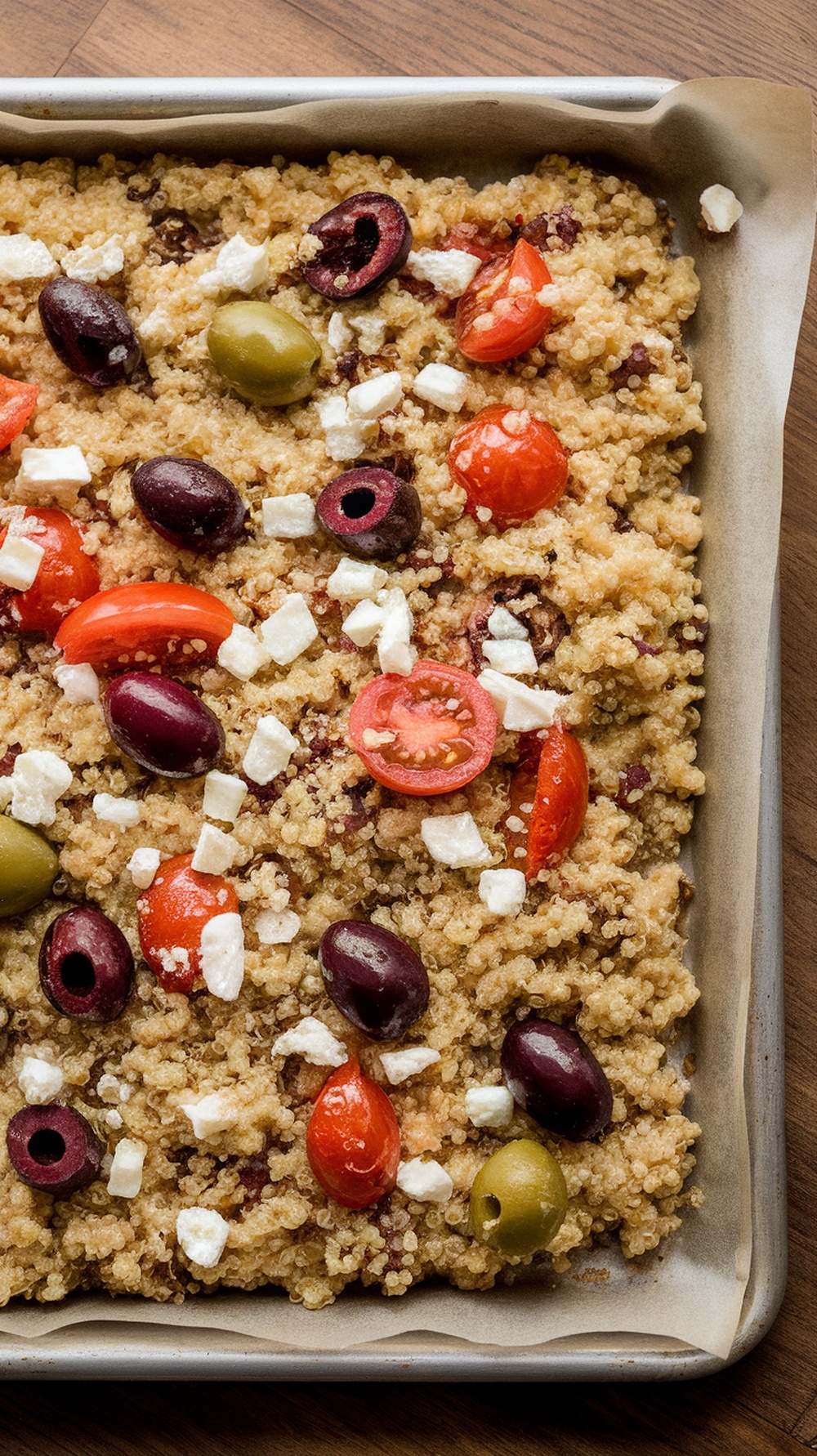 A colorful Mediterranean quinoa and veggie bake with olives and cherry tomatoes on a sheet pan.