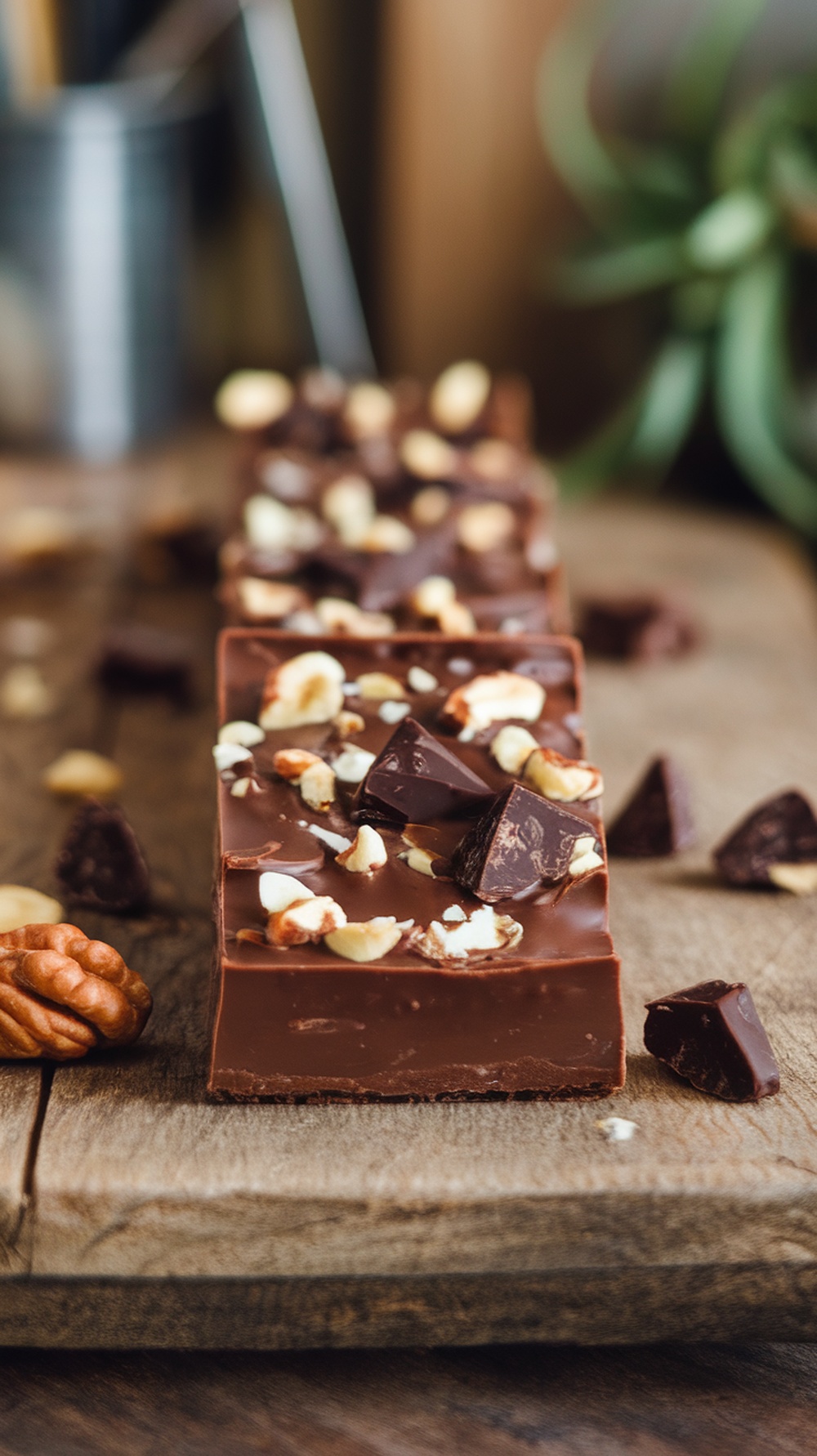 Nutty chocolate protein bars topped with chopped nuts and chocolate pieces on a wooden surface.