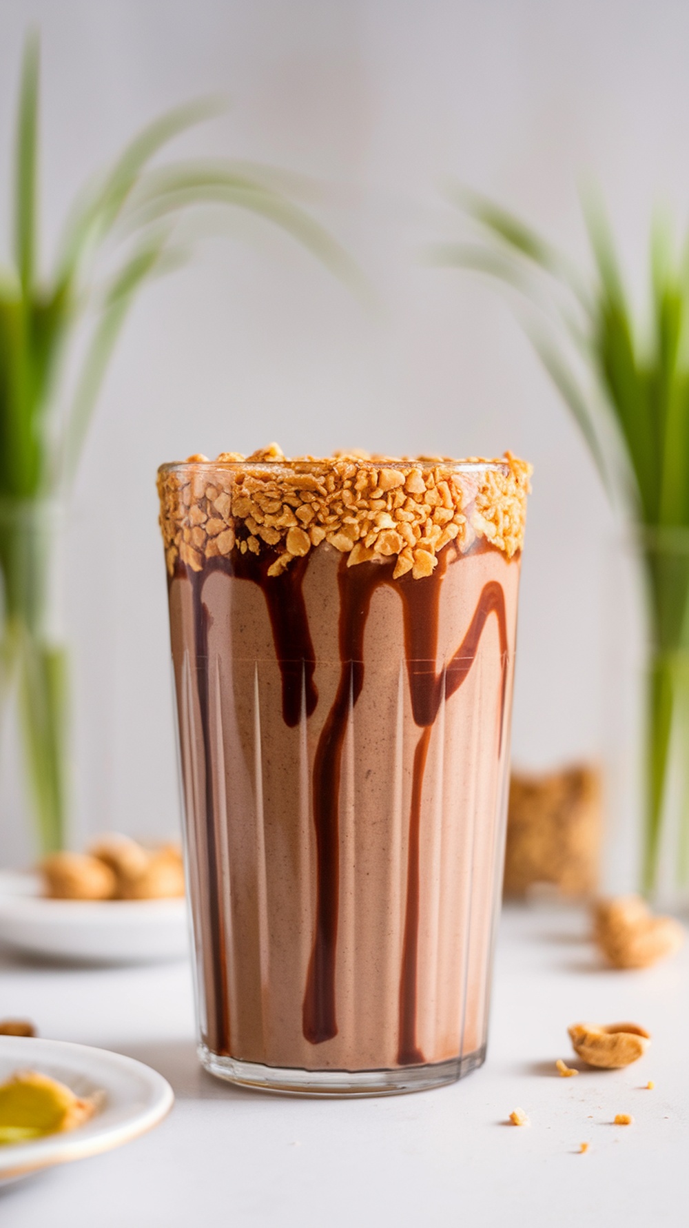 A delicious Chocolate Peanut Butter Protein Shake topped with granola and drizzled with chocolate syrup.