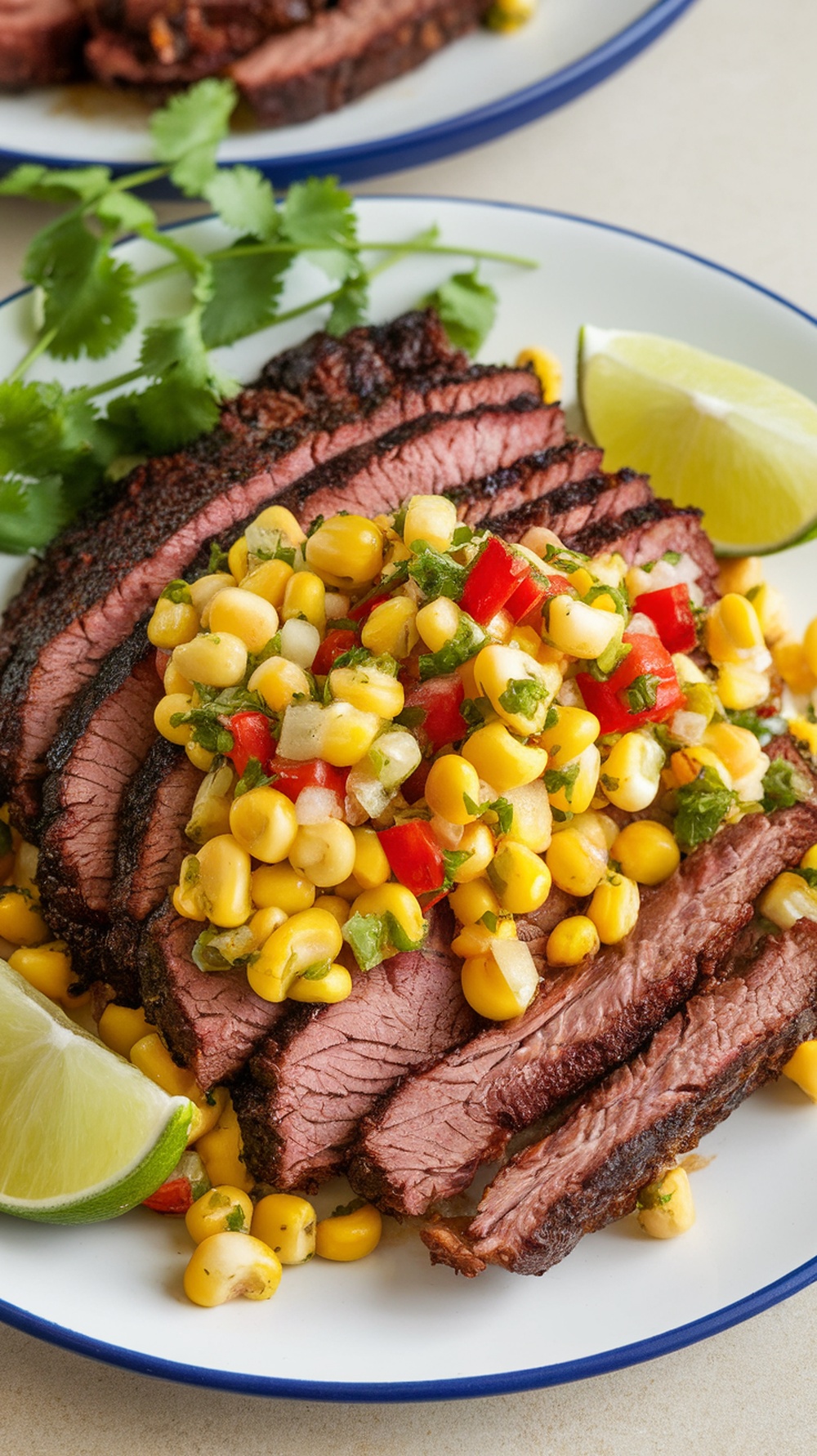 Sliced brisket topped with corn salsa, garnished with lime and cilantro.