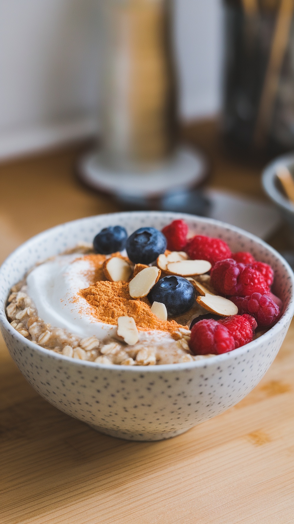 A bowl of Berry Almond Crunch Oats topped with blueberries, raspberries, yogurt, and almonds.