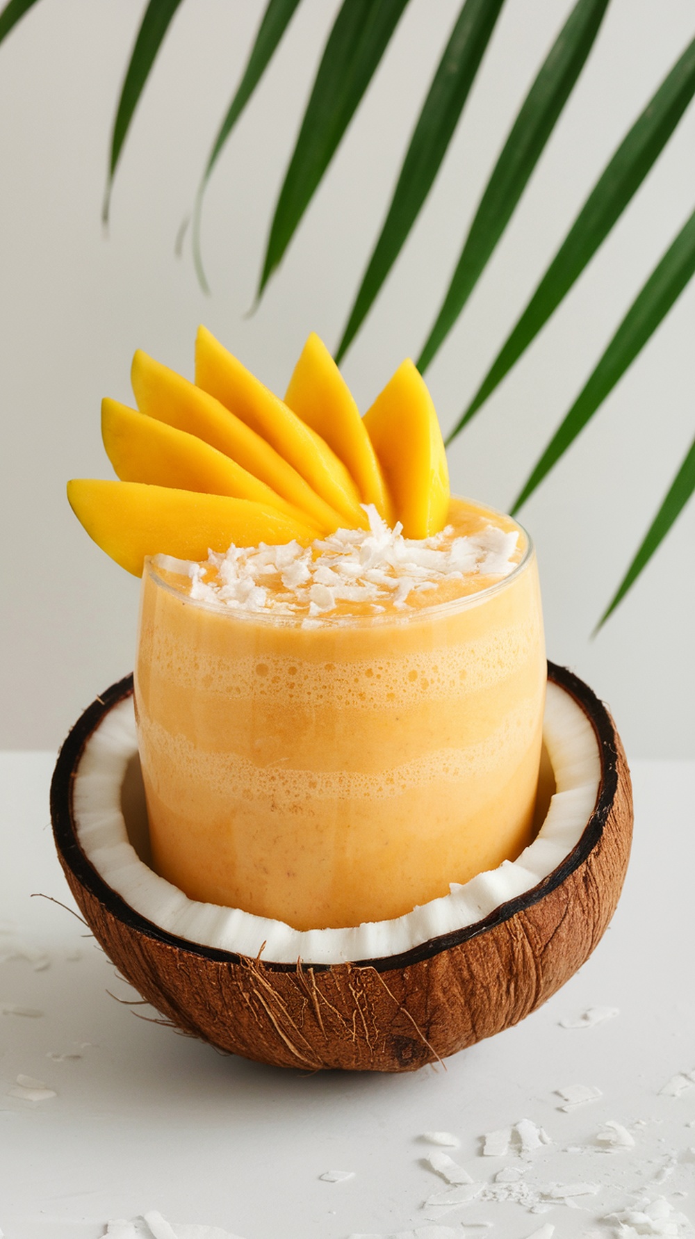 A tropical mango coconut protein shake served in a coconut shell, topped with mango slices and shredded coconut.