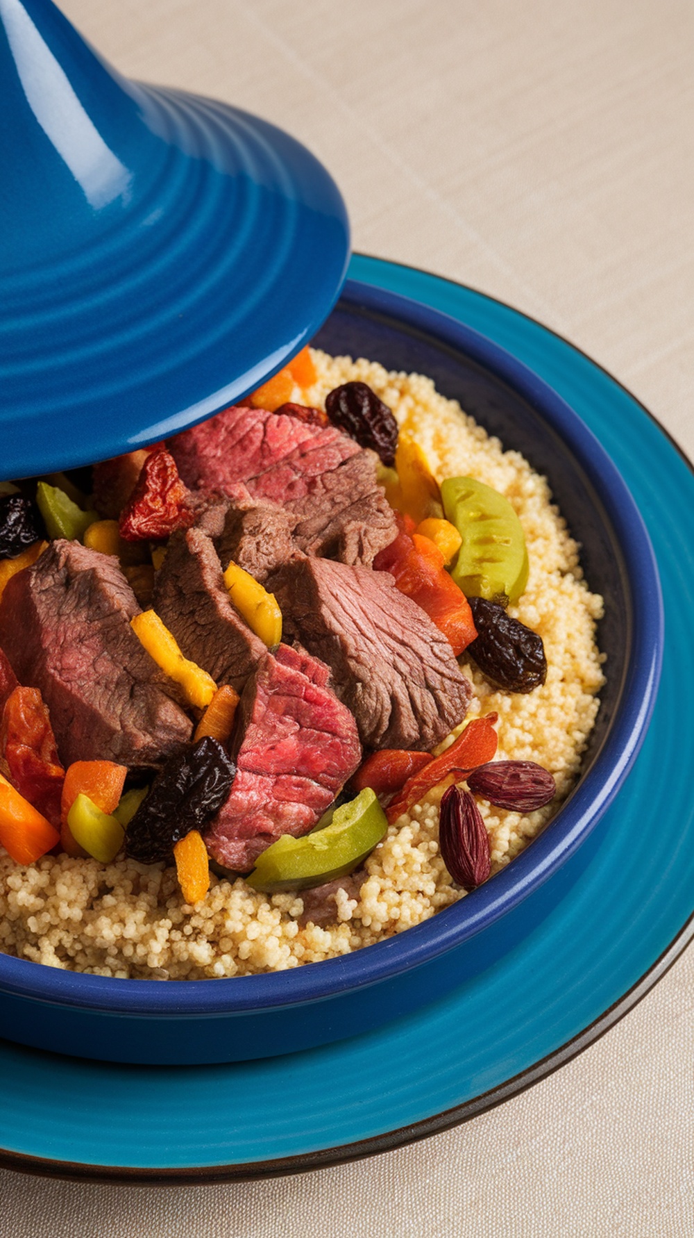 A Moroccan Beef Tagine with colorful vegetables and couscous