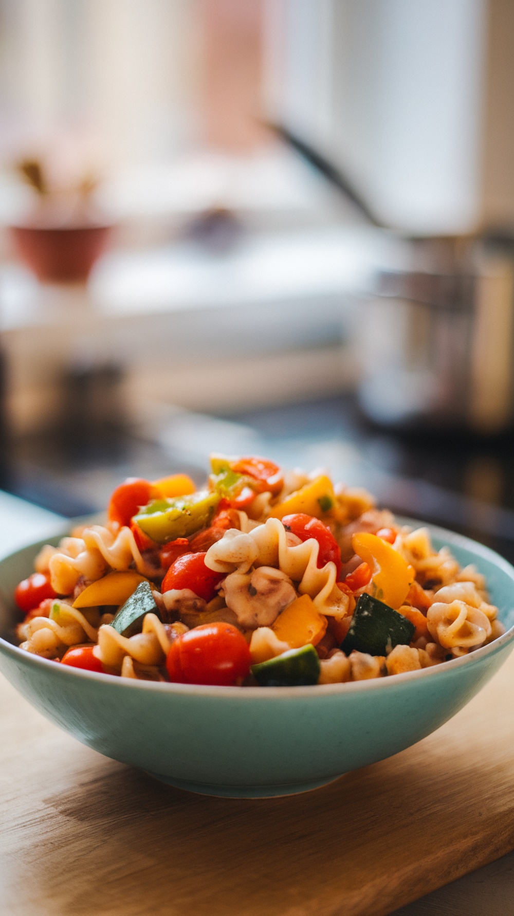 A bowl of brown rice pasta primavera with colorful vegetables.