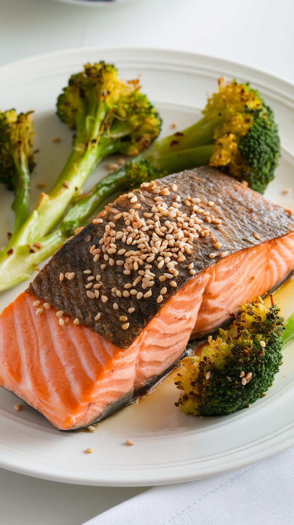 A plate of baked salmon with broccoli, garnished with sesame seeds.