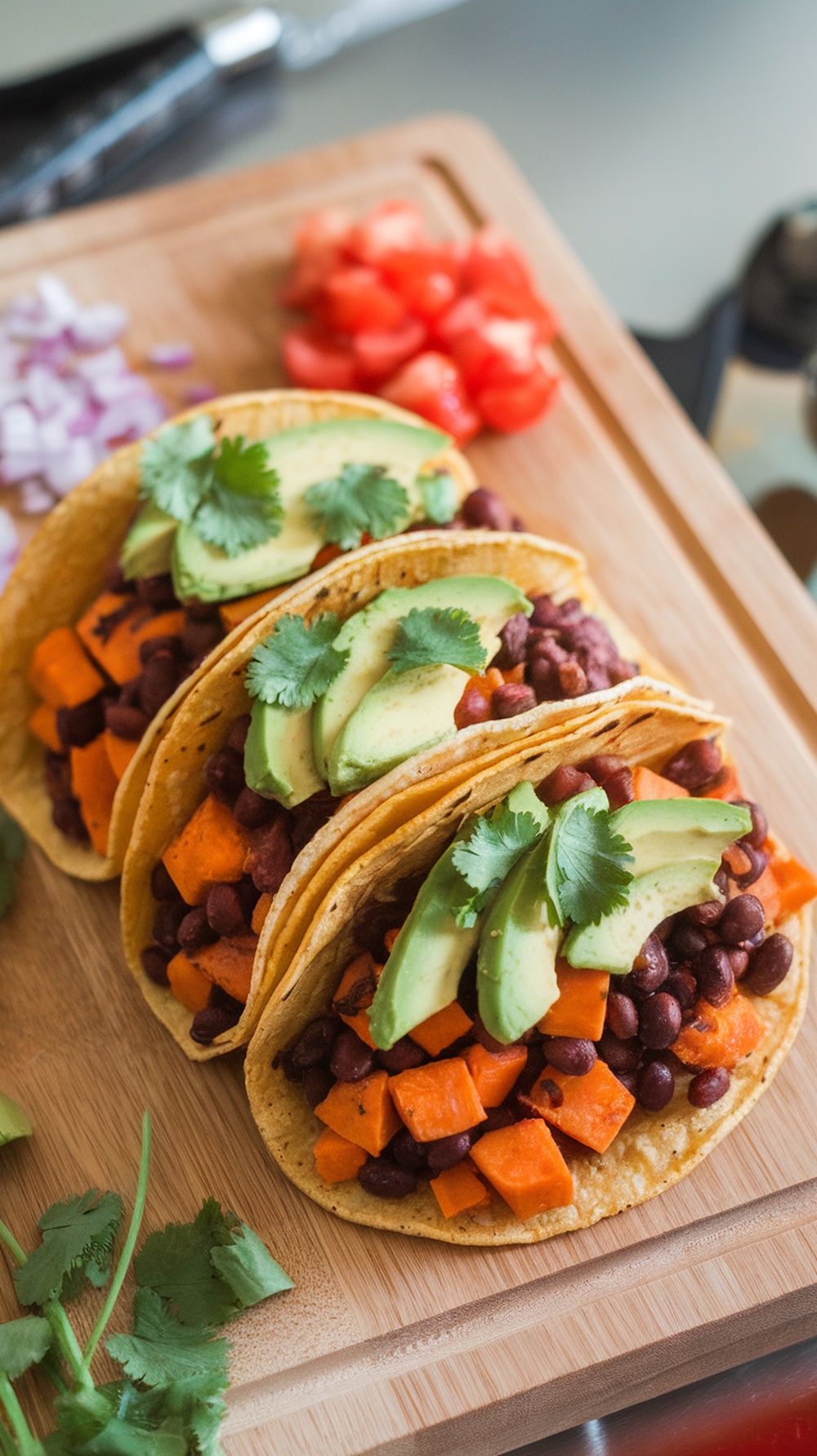 Savory sweet potato and black bean tacos topped with avocado and cilantro on a wooden cutting board.