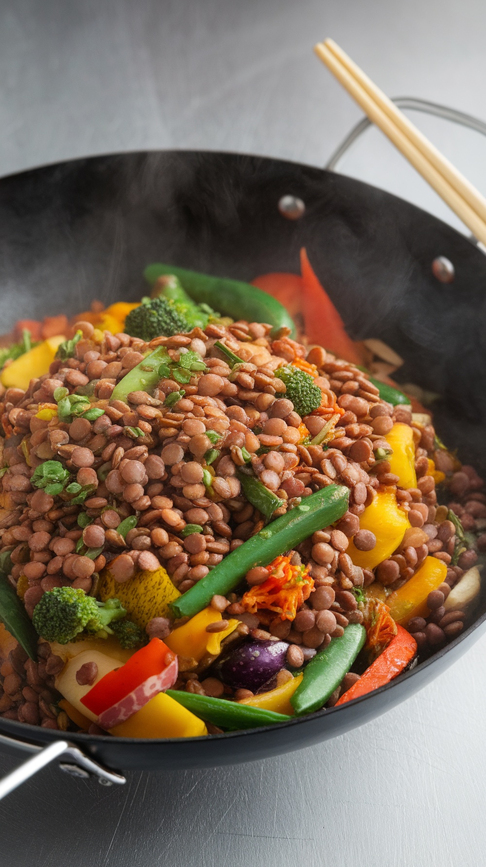 A vibrant lentil and vegetable stir-fry in a wok, showcasing colorful veggies and lentils.