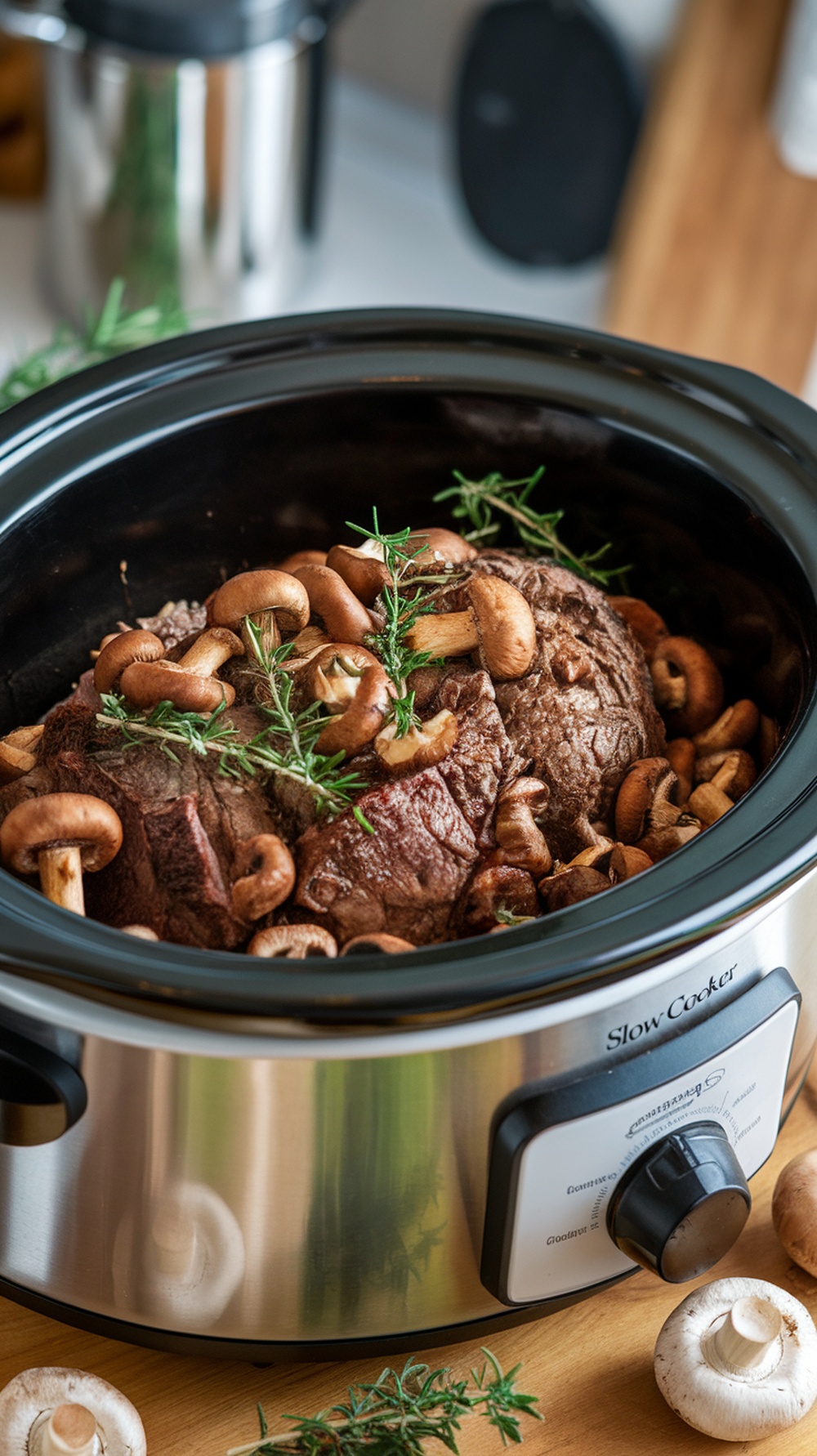 A slow cooker filled with a pot roast, mushrooms, and herbs, ready to be cooked.