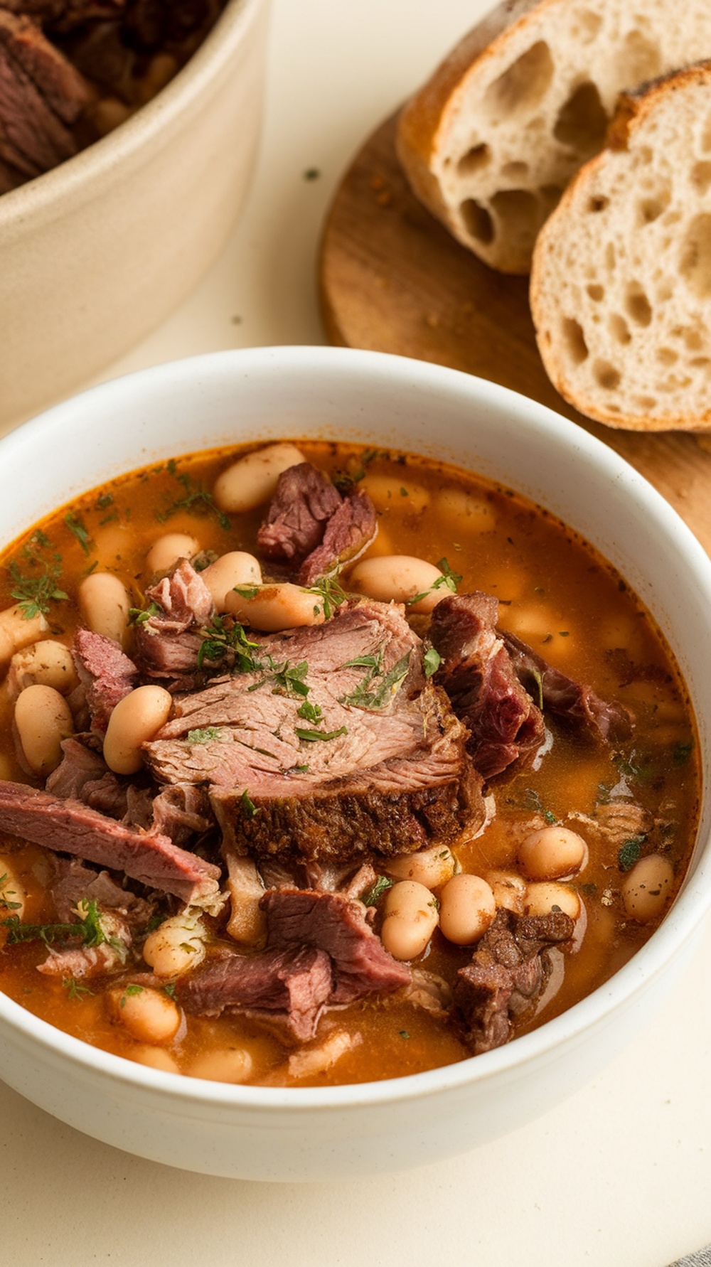 A bowl of brisket and bean soup with slices of bread on the side.