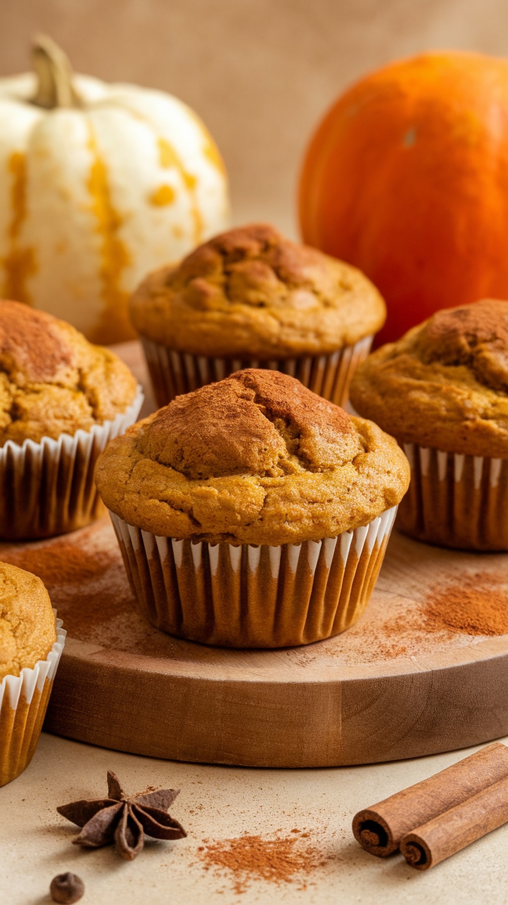 Freshly baked pumpkin spice protein muffins on a wooden board with pumpkins in the background.