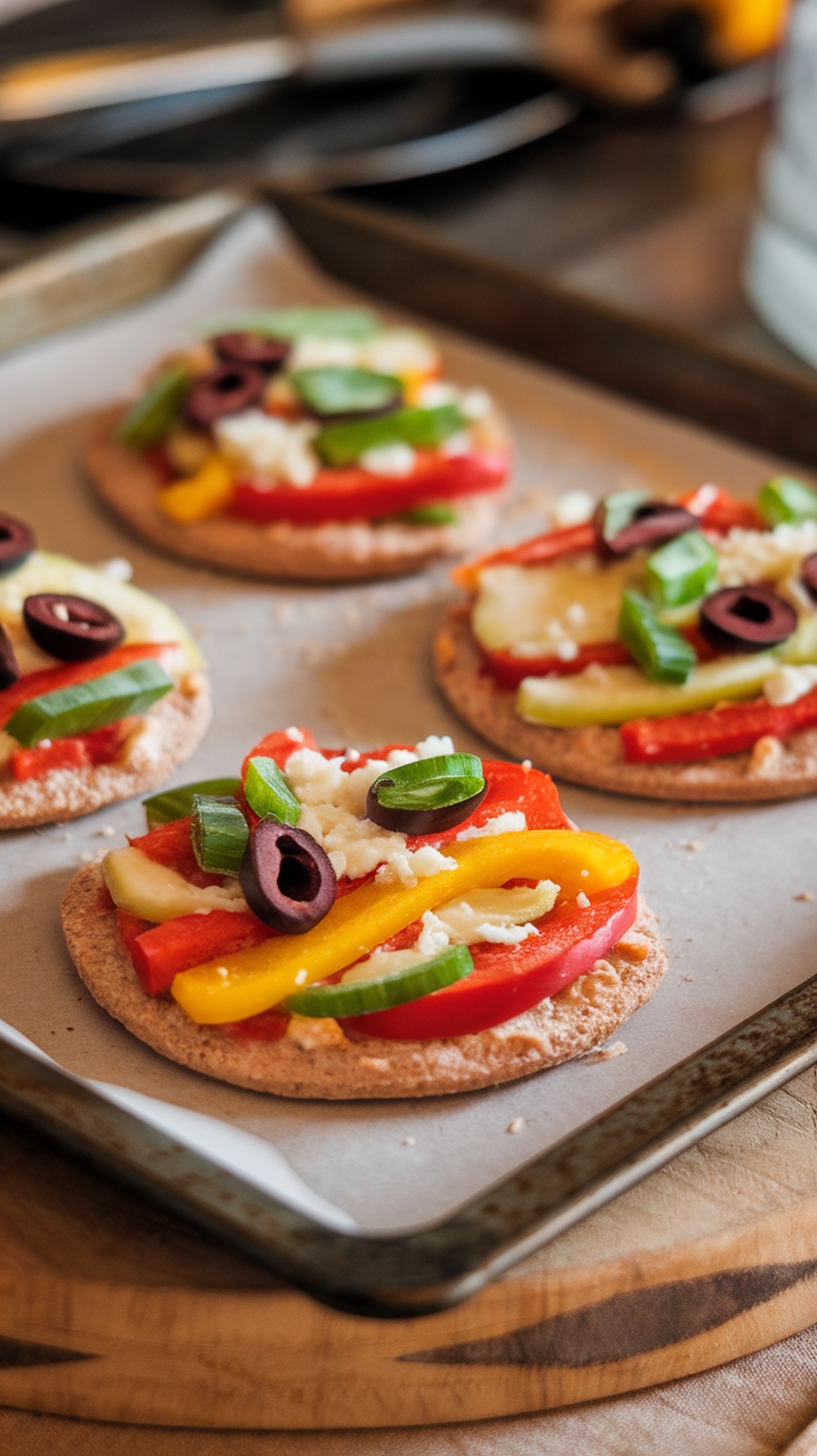 Mini whole wheat pizzas topped with colorful vegetables and cheese on a baking tray.